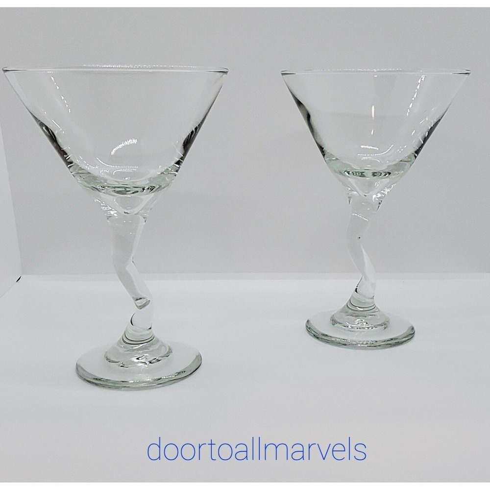Mexican Martini Glasses Zig Zag Stem Hand Blown Glass Clear Set of 2